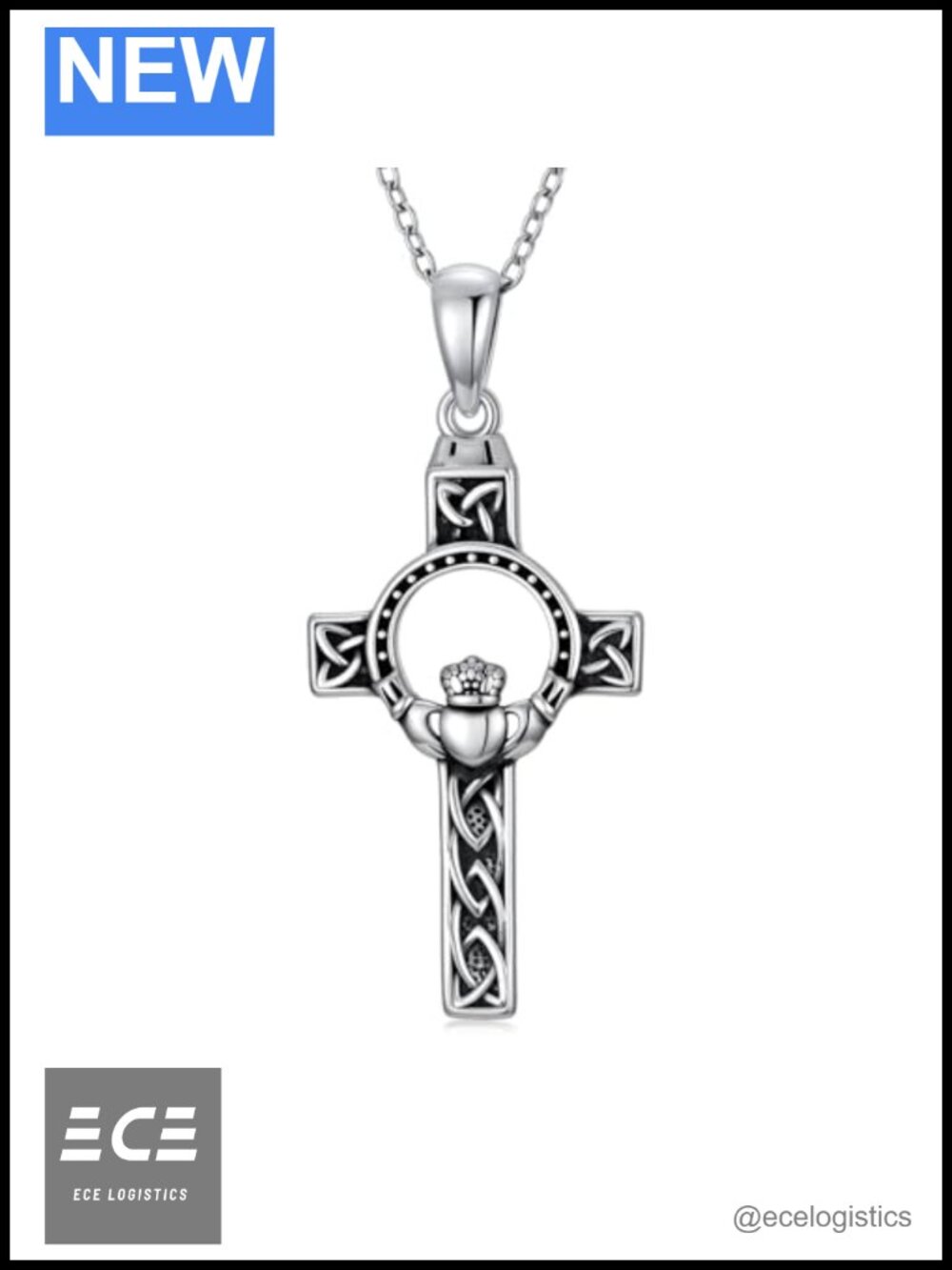 S925 Sterling Silver Claddagh Celtic Cross Necklace Pendant for Women